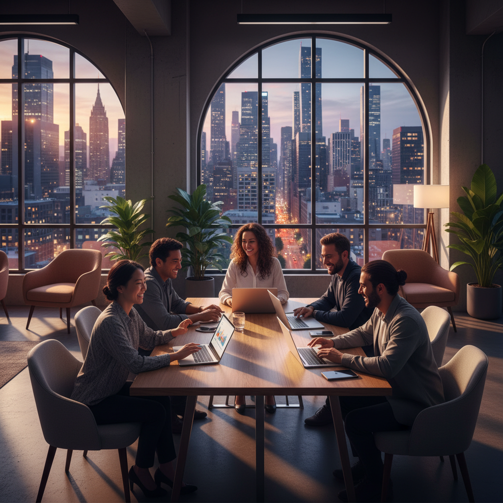A diverse group of expat business owners from different countries, smiling and collaborating on laptops and tablets in a modern co-working space, with cityscapes in the background. Photorealistic, vibrant colours.