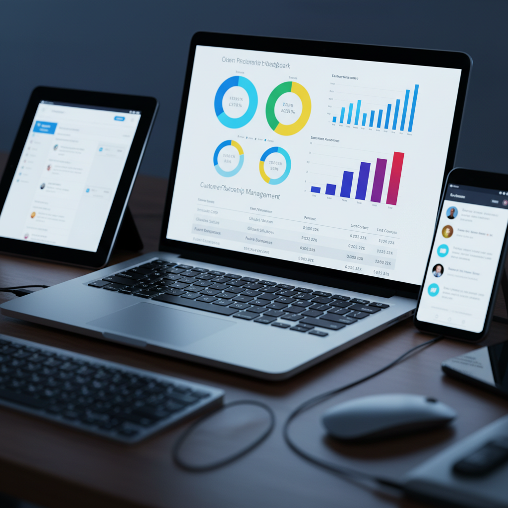 A close-up, dynamic shot of a laptop screen displaying a modern CRM dashboard with colourful charts, graphs, and client data, surrounded by a tablet and smartphone showing integrated business apps. Photorealistic, high-tech vibe.