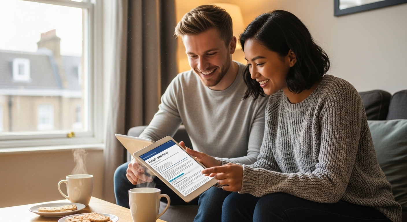 A young expat couple (one British, one from another country) smiling confidently while reviewing health insurance documents on a tablet in their cozy London apartment, cups of tea on the table, natural light, photorealistic.