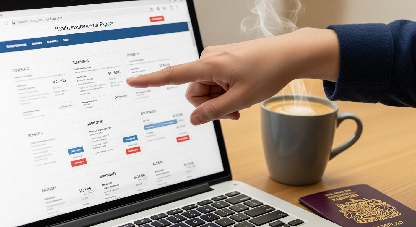 A close-up shot of a hand highlighting different coverage options on an open laptop screen displaying an expat health insurance website, a cup of coffee and a UK passport are visible on the desk, shallow depth of field, photorealistic.