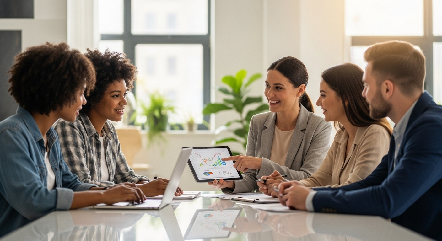 A diverse group of smiling young adult expats, casually dressed, sitting around a table in a modern, bright office, actively listening to a professional, friendly accountant who is pointing at a financial chart on a tablet. Photorealistic, soft natural light.
