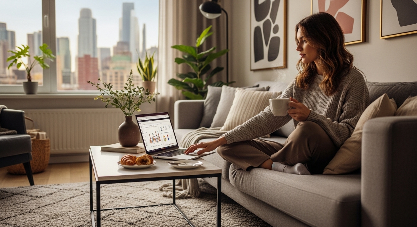 A contented expat woman in her early 30s, relaxing on a modern sofa in a stylish apartment, confidently browsing financial documents on a laptop with a cup of tea, a cityscape visible through a window in the background. Photorealistic, warm lighting.