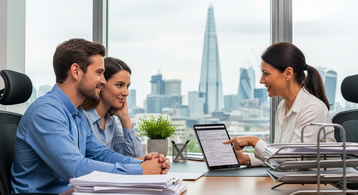 An expat couple sitting in a modern office, looking relieved as a friendly tax advisor explains complex tax documents on a tablet, a skyline of London visible through the window, professional setting, photorealistic.