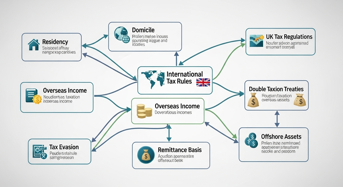 A detailed infographic showing the flow of international tax rules and UK tax regulations, with arrows connecting different concepts like residency, domicile, and overseas income, clear and informative, digital art style.