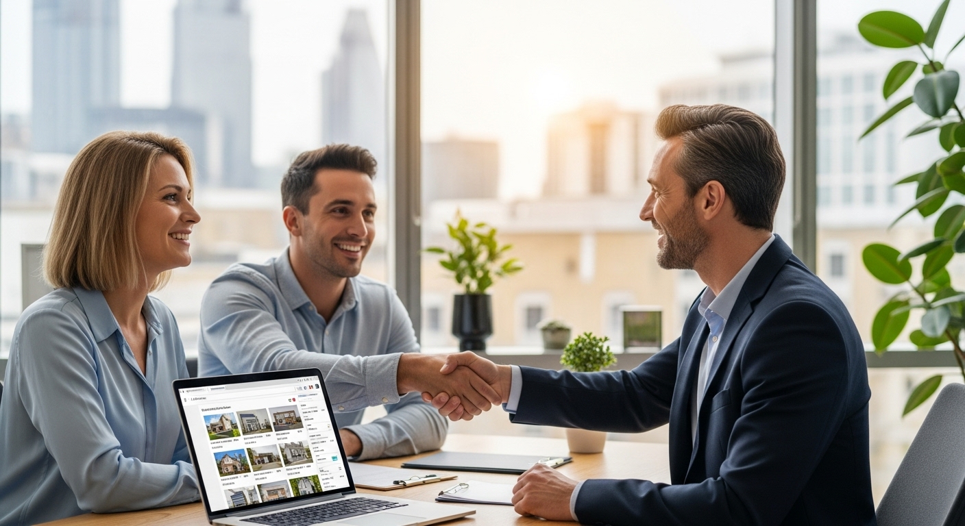 A professional mortgage broker shaking hands with an expat couple in a modern office, showing a laptop with UK property listings. Photorealistic, warm lighting.