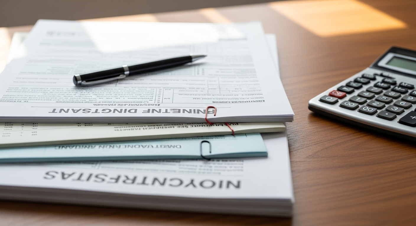 A stack of important financial documents neatly organized on a wooden desk, with a pen and a calculator nearby. Soft, natural light. Photorealistic.