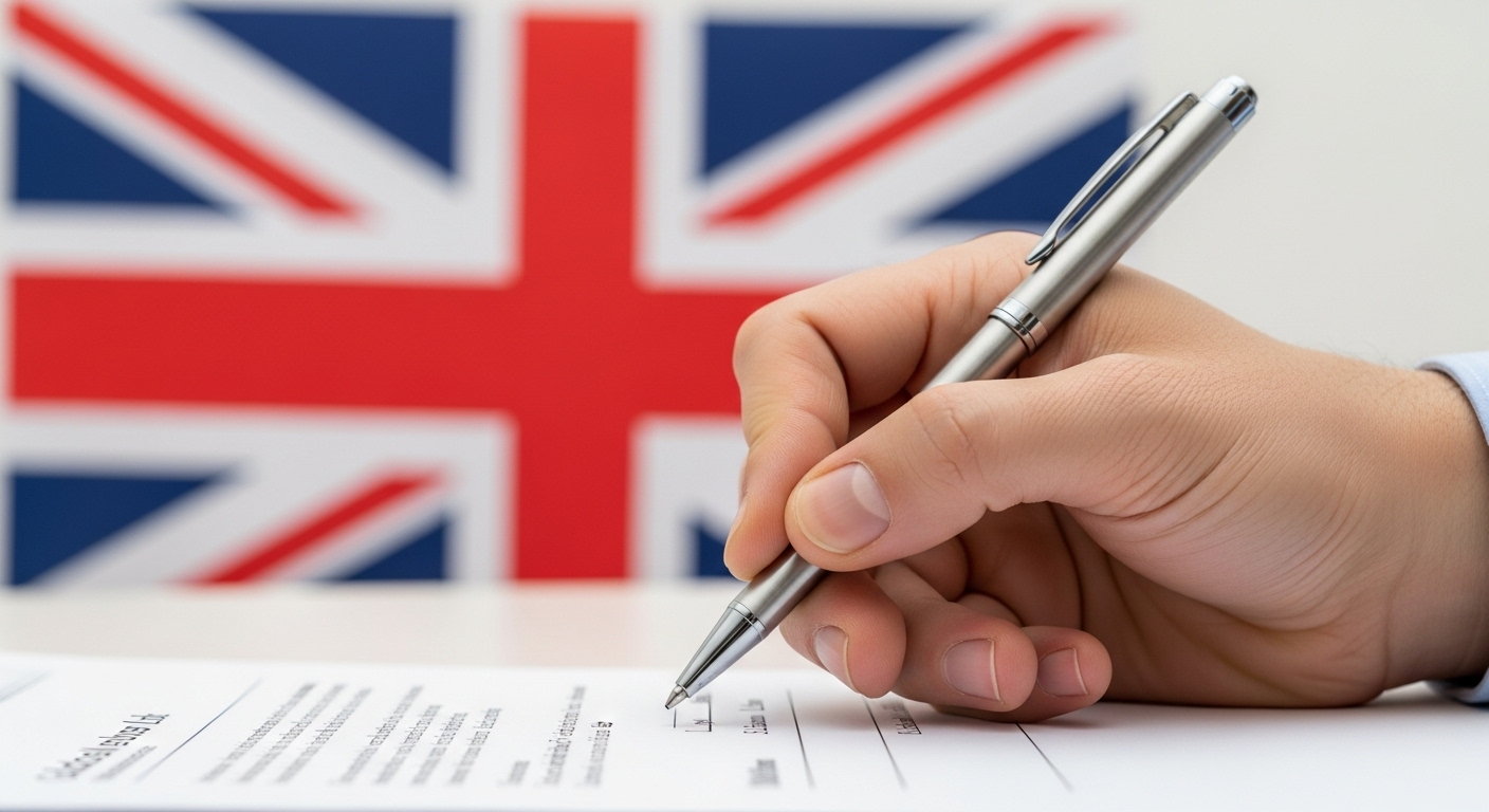 A close-up shot of an expat's hand signing a document with a UK flag subtly blurred in the background, symbolizing the start of a business venture in the UK. The scene is professional and hopeful.