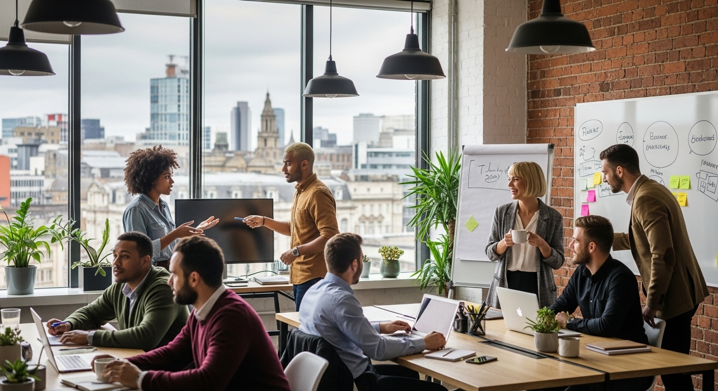 A modern co-working space in a vibrant UK city, with a diverse group of young, enthusiastic expat entrepreneurs collaborating and networking. Natural light, stylish decor, and a sense of dynamic innovation.