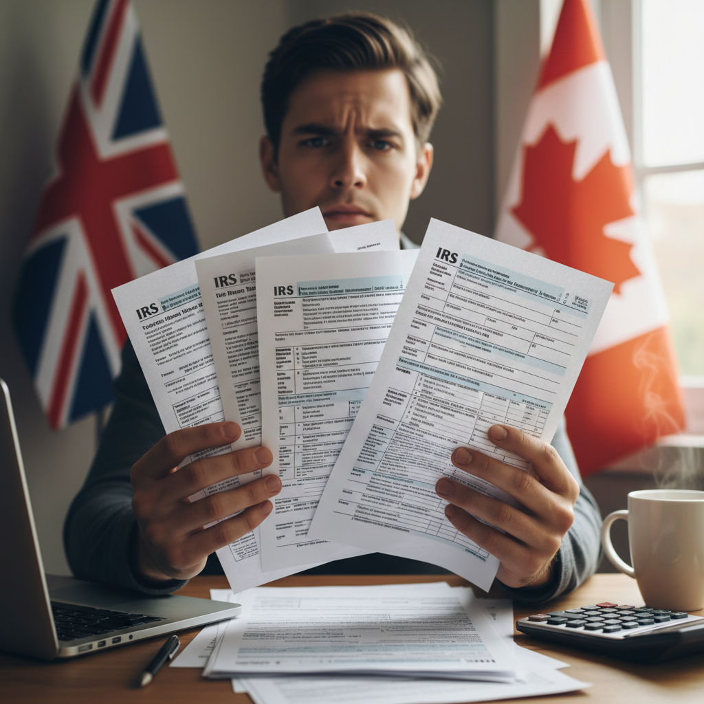 A person looking perplexed while holding multiple international tax forms, with a blurred UK flag and another country's flag in the background, representing the complexity of dual taxation for expats, photorealistic, high detail.