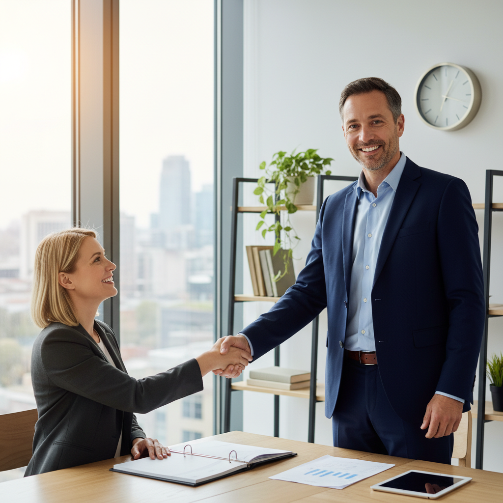 A professional, friendly financial advisor, a man in his 40s, warmly shaking hands with a smiling expat couple in a bright, modern office setting, signifying trust and successful financial planning, photorealistic, professional lighting.