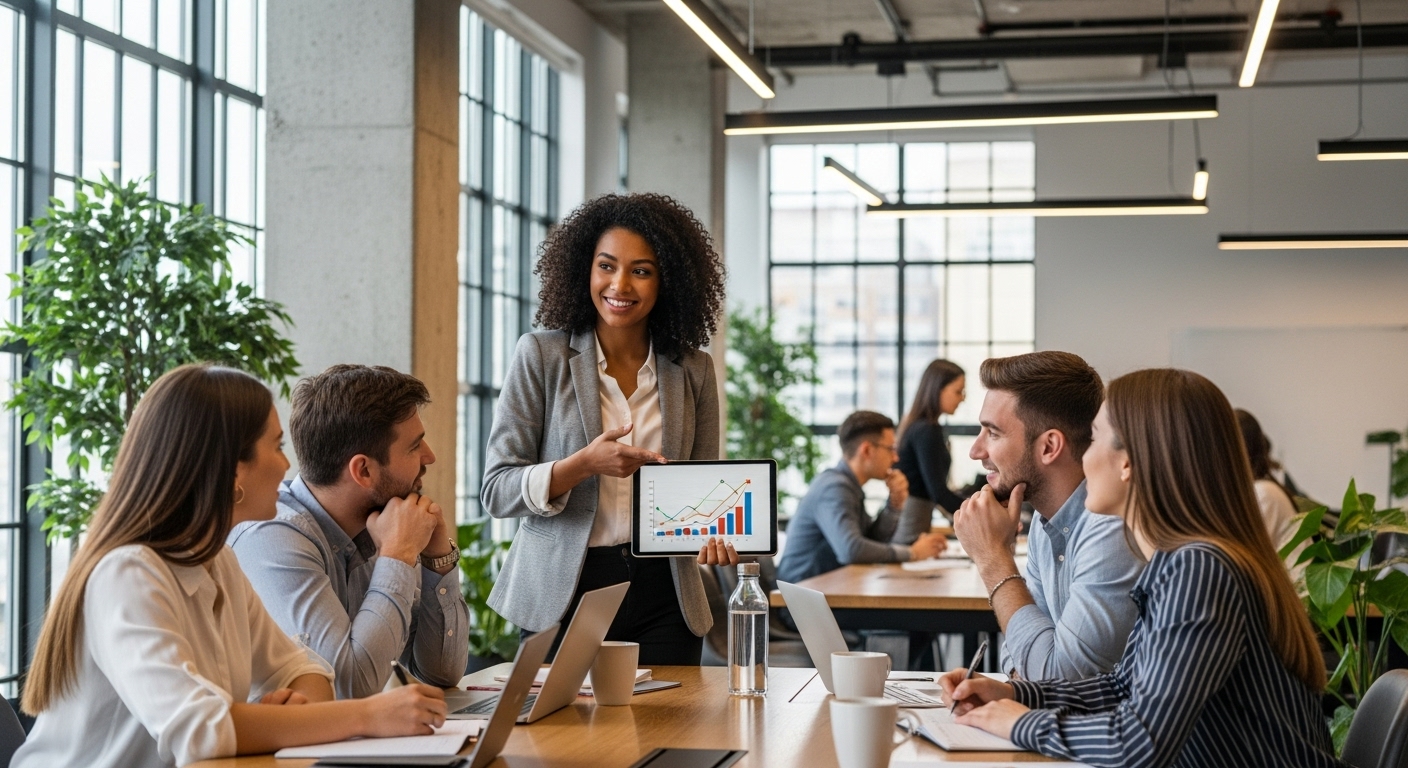 A diverse group of young entrepreneurs, one presenting a financial chart on a tablet, in a modern, brightly lit co-working space, showing collaboration and success, photorealistic