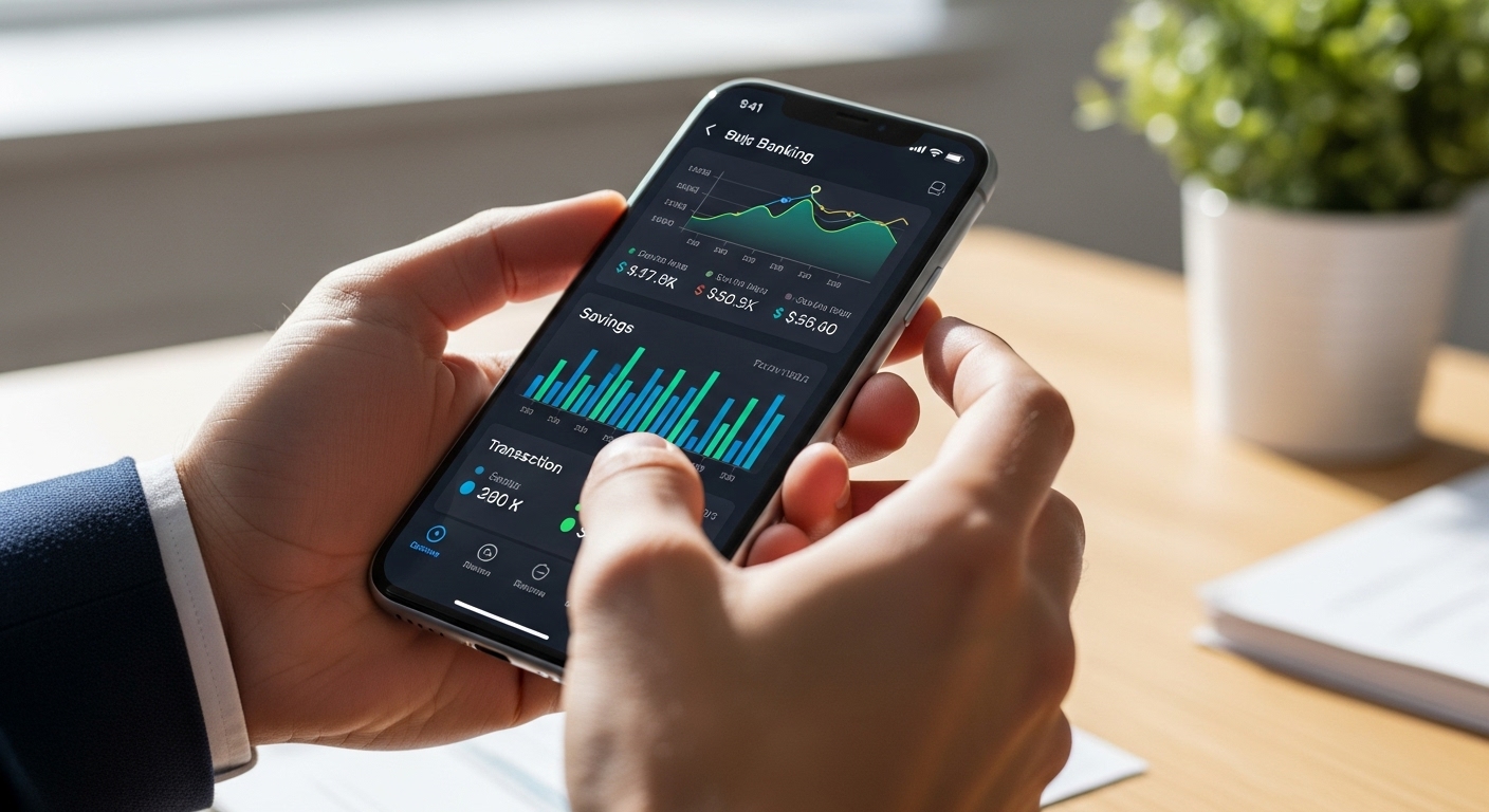 A sleek, modern smartphone displaying a digital banking app interface with graphs and transaction history, held by hands in a professional but casual setting, representing ease of digital financial management, photorealistic