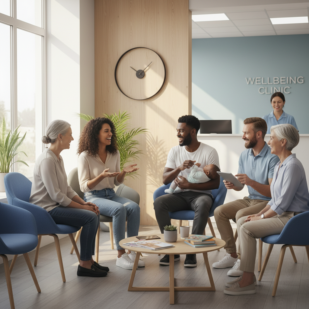 A diverse group of smiling expats in a modern, bright UK doctor's office waiting room, interacting positively. Photorealistic, soft natural light, professional setting.