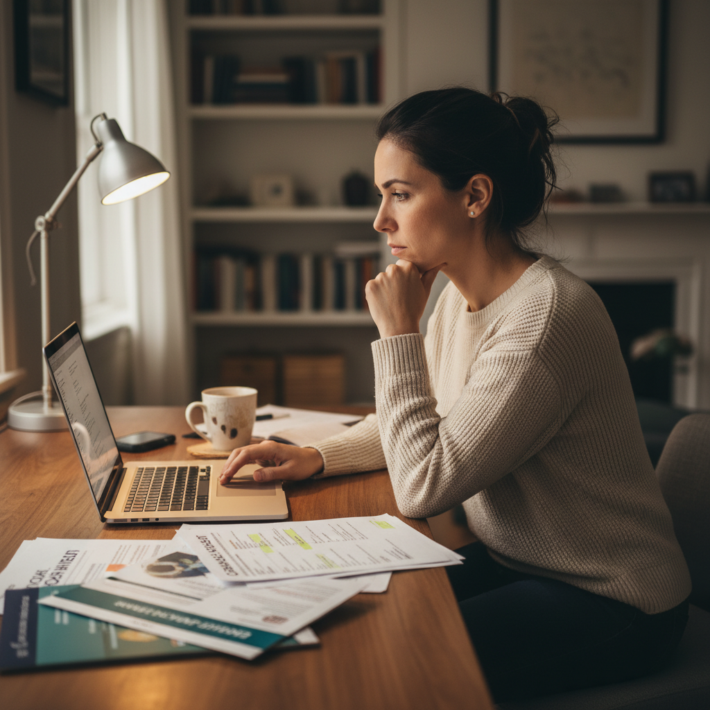 A thoughtful expat woman in her 30s sitting at a modern desk, looking at a laptop with a serious but reflective expression, surrounded by documents and a cup of tea. She's researching health insurance. Photorealistic, warm indoor lighting.