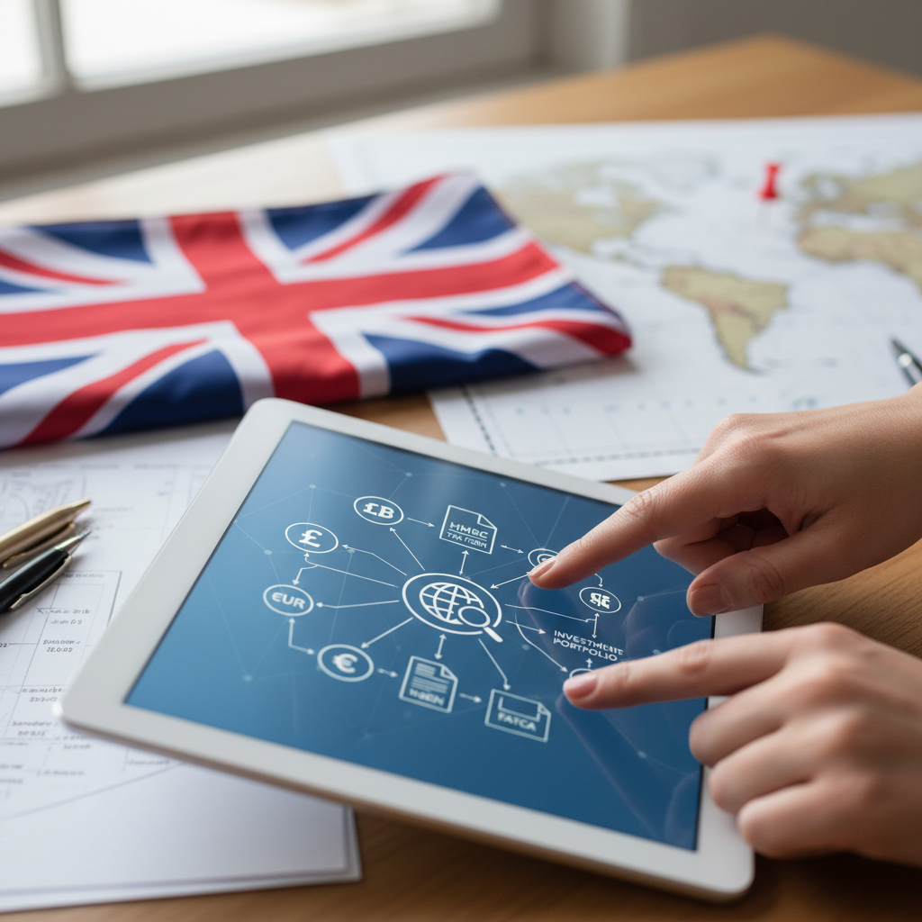 A detailed close-up shot of hands pointing at a complex financial flowchart on a digital tablet, with symbols representing different currencies and tax forms. The background is slightly blurred, showing a UK flag and a map, photorealistic.
