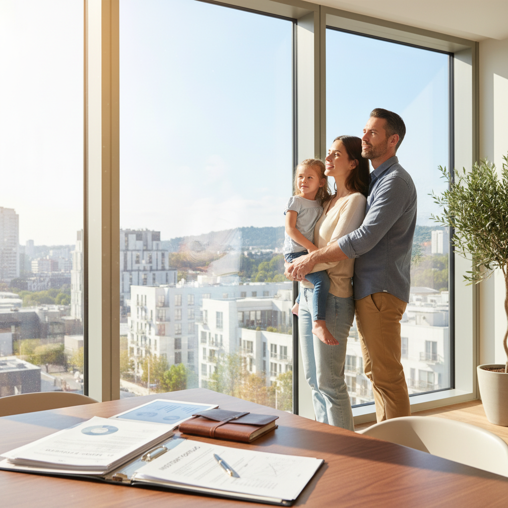 A serene image of a couple, an expat family, looking out of a large window towards a bright future, with financial documents neatly arranged on a table beside them, symbolizing security and planning. The mood is calm and optimistic, photorealistic.