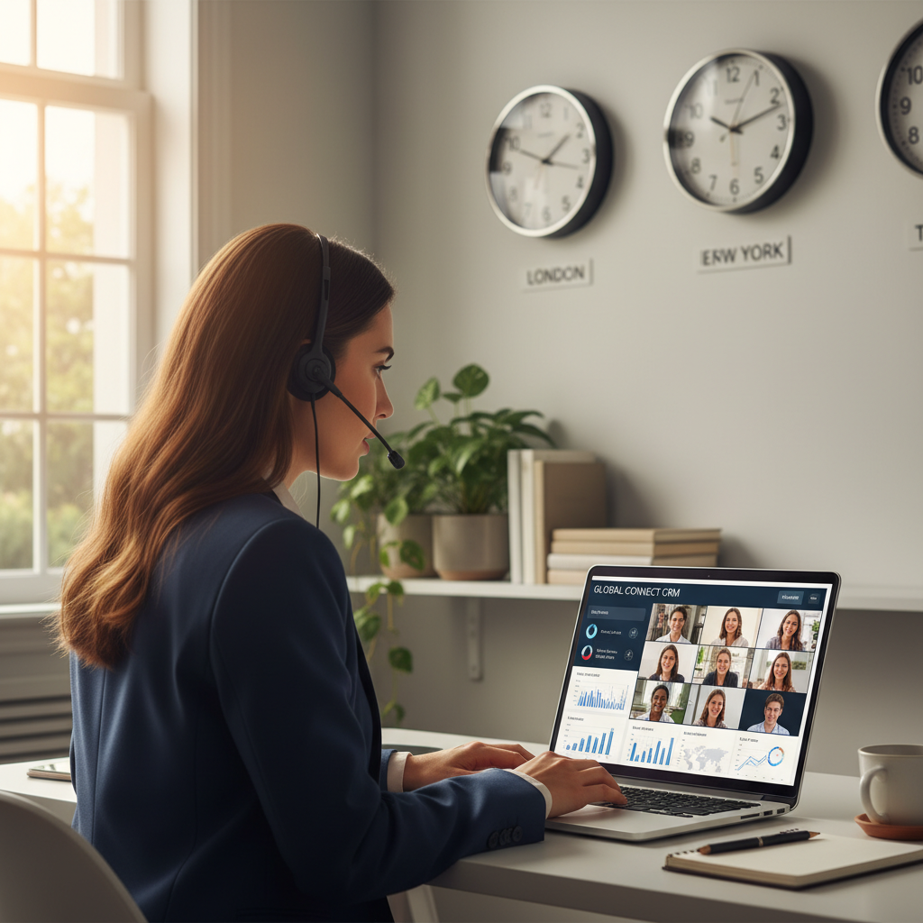 A professional businesswoman is having a video conference call with international team members, multiple clocks on the wall showing different time zones, a laptop with a CRM interface displayed, soft natural light, photorealistic.