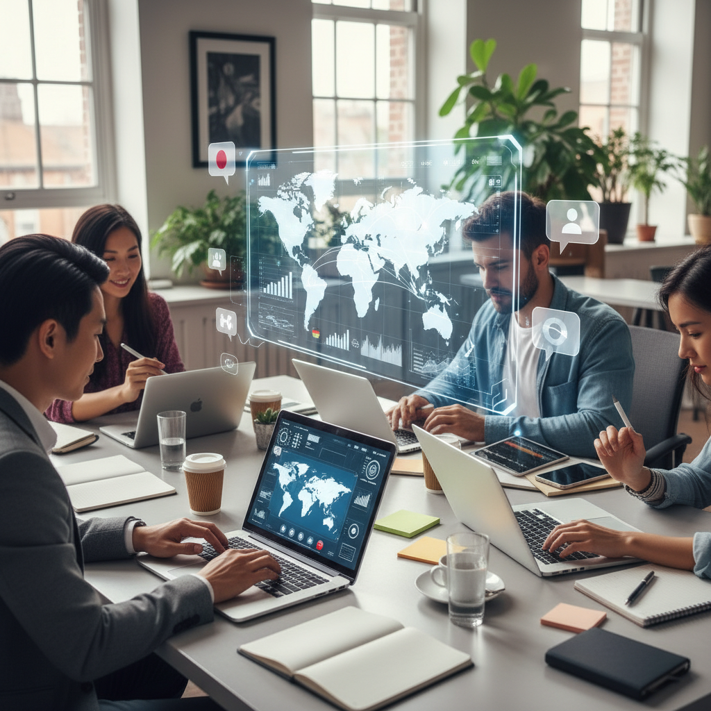 A diverse group of entrepreneurs from different countries collaborating remotely on a virtual dashboard displaying CRM data, laptops and tablets open, a modern office setting, bright and optimistic, photorealistic.