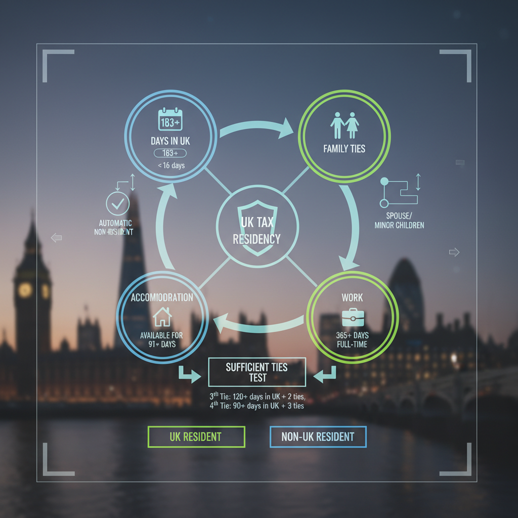 A complex, modern infographic illustrating the Statutory Residence Test (SRT) for UK tax residency, showing interconnected factors like 'Days in UK', 'Family Ties', 'Accommodation', 'Work', with arrows and clear, minimalist icons, set against a blurred London skyline, photorealistic.