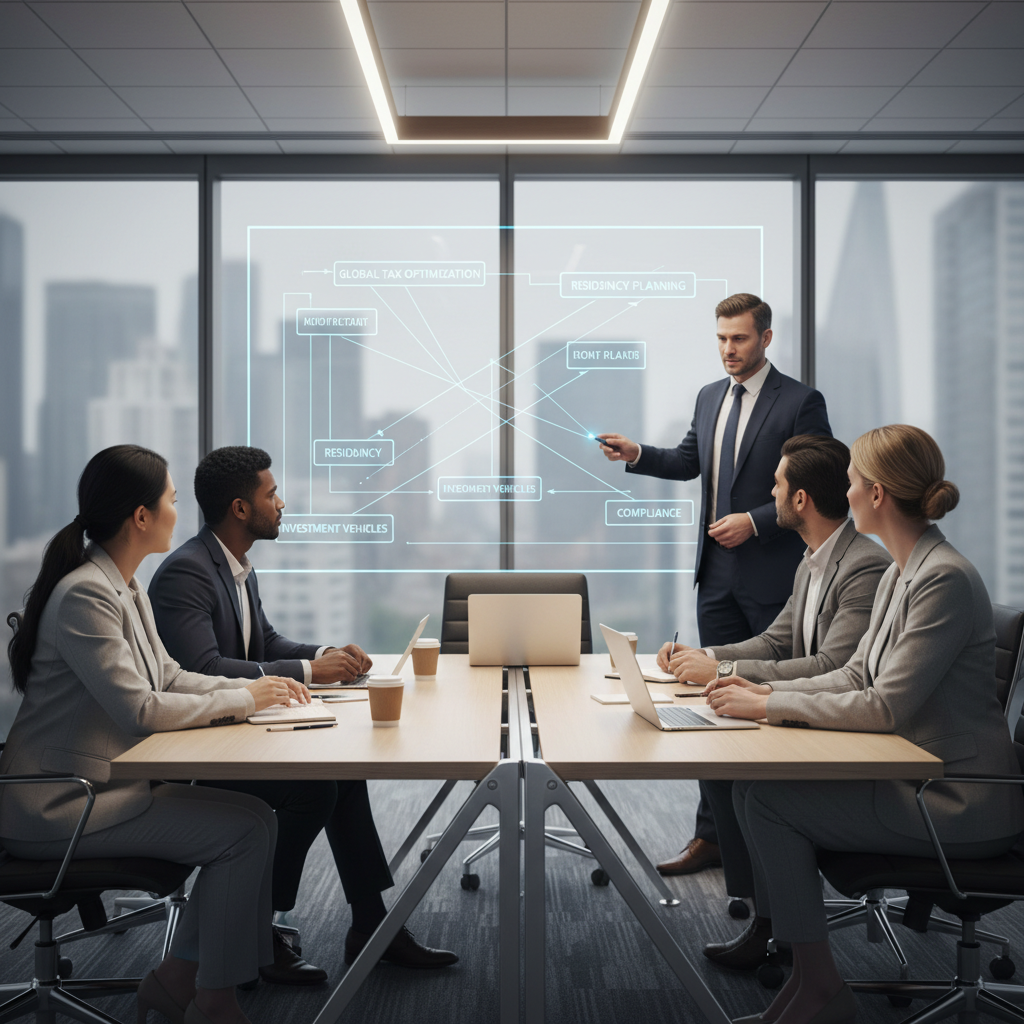 A diverse group of expat professionals from different ethnic backgrounds sitting around a modern conference table, attentively listening to a knowledgeable financial advisor who is pointing at a digital projection of a complex tax strategy flowchart. The atmosphere is collaborative and professional, photorealistic.