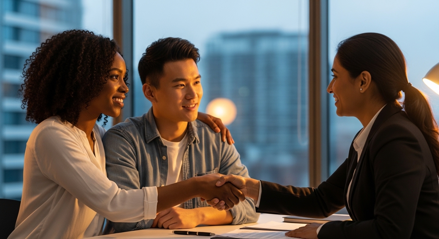 A diverse expat couple looking relieved and happy while shaking hands with a professional, friendly female immigration lawyer in a modern office setting. Photorealistic, warm lighting.