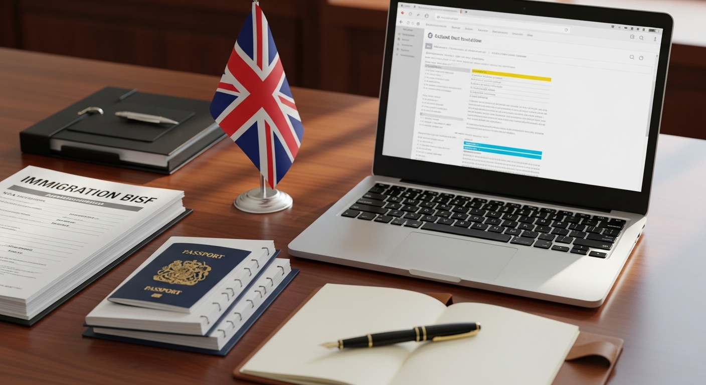 A close-up shot of a lawyer's desk with neatly organized immigration documents, a UK flag miniature, a pen, and a laptop displaying legal texts. Focus on detail and professionalism. Photorealistic, soft office lighting.