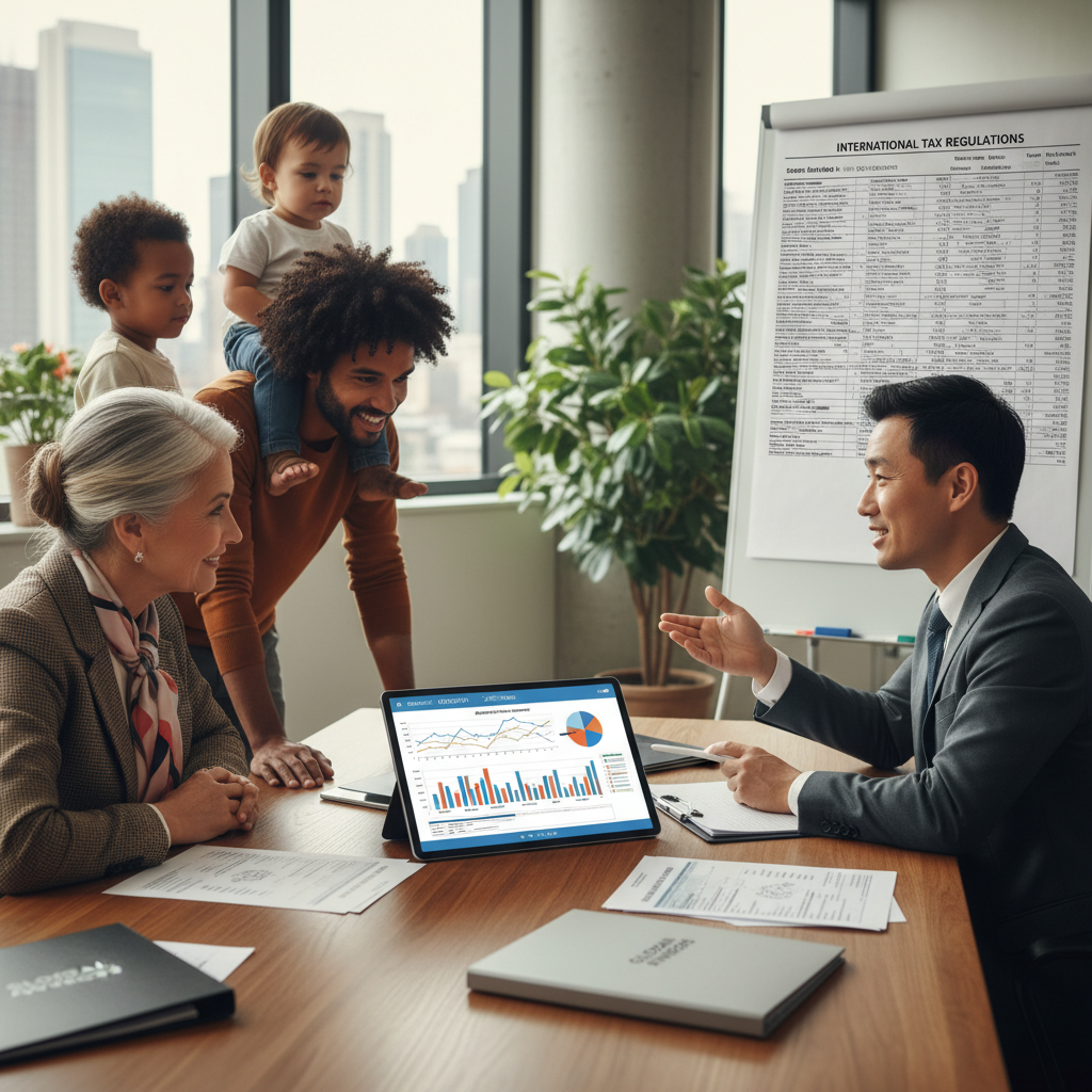 A diverse group of expats, including a young family and a retired couple, looking at a digital tablet displaying financial graphs, with a friendly, professional accountant explaining complex tax documents in a bright, modern office setting. Photorealistic, high detail.