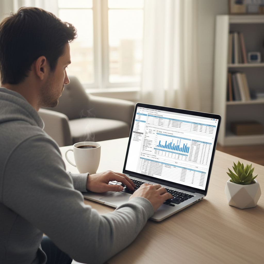 A person sitting at a minimalist wooden desk, intensely focused on a laptop screen displaying complex tax forms and spreadsheets with various international currency symbols. There's a cup of coffee and a small plant on the desk, with a soft-focus background of a home office. Photorealistic, natural light.