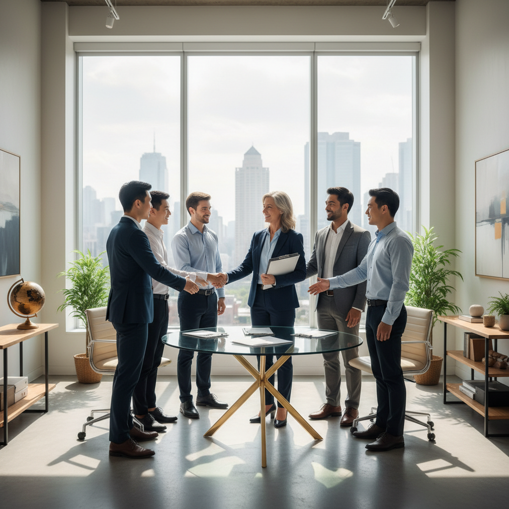 A diverse group of people from different nationalities shaking hands with a professional-looking immigration lawyer in a modern office setting, bright and optimistic. Photorealistic.