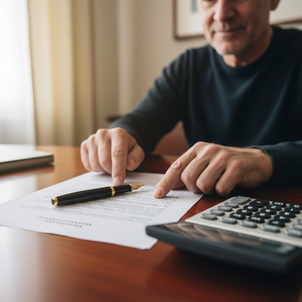 A close-up shot of a legal document with a pen, a calculator, and a serious but helpful lawyer's hands in the background, signifying careful legal work and transparency. Photorealistic.