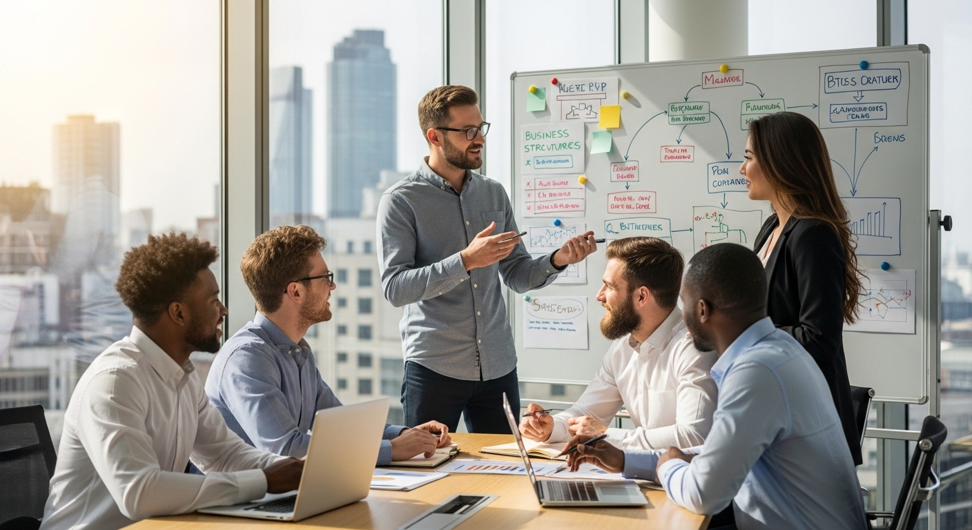 A diverse group of entrepreneurs, one expat, happily discussing business plans in a modern, light-filled UK office, a whiteboard with business structures behind them. Photorealistic.