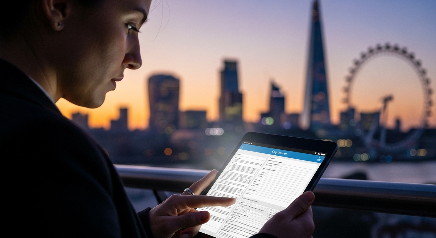 A person, possibly an expat, looking thoughtfully at a tablet displaying various legal documents and forms, with a blurred background of the London skyline at sunset. Photorealistic.