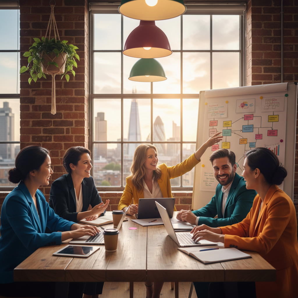 A diverse group of expat entrepreneurs in a modern co-working space, excitedly brainstorming ideas, with a blurred backdrop of London cityscape, photorealistic, vibrant colors.