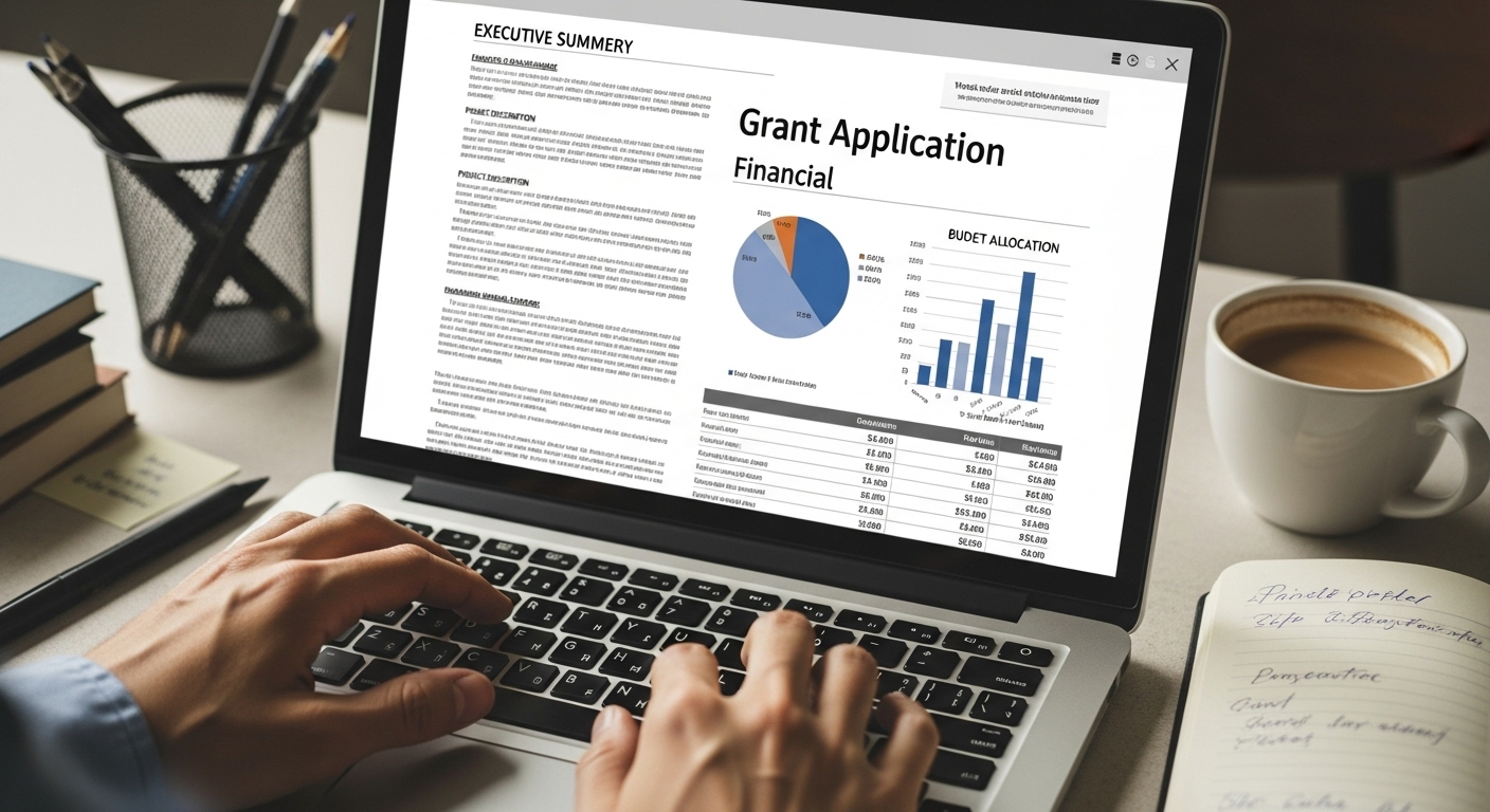 A close-up of hands typing on a laptop, displaying a grant application form with charts and financial figures, surrounded by pens, coffee, and a notepad, focus on detail, soft lighting, professional and determined atmosphere.