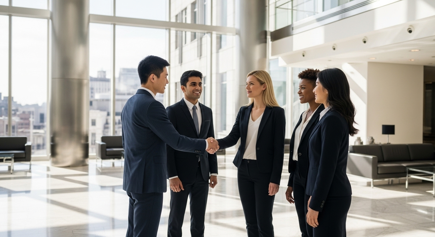 A diverse group of international business people shaking hands in a modern, sunlit office building lobby, showcasing global collaboration and success, photorealistic