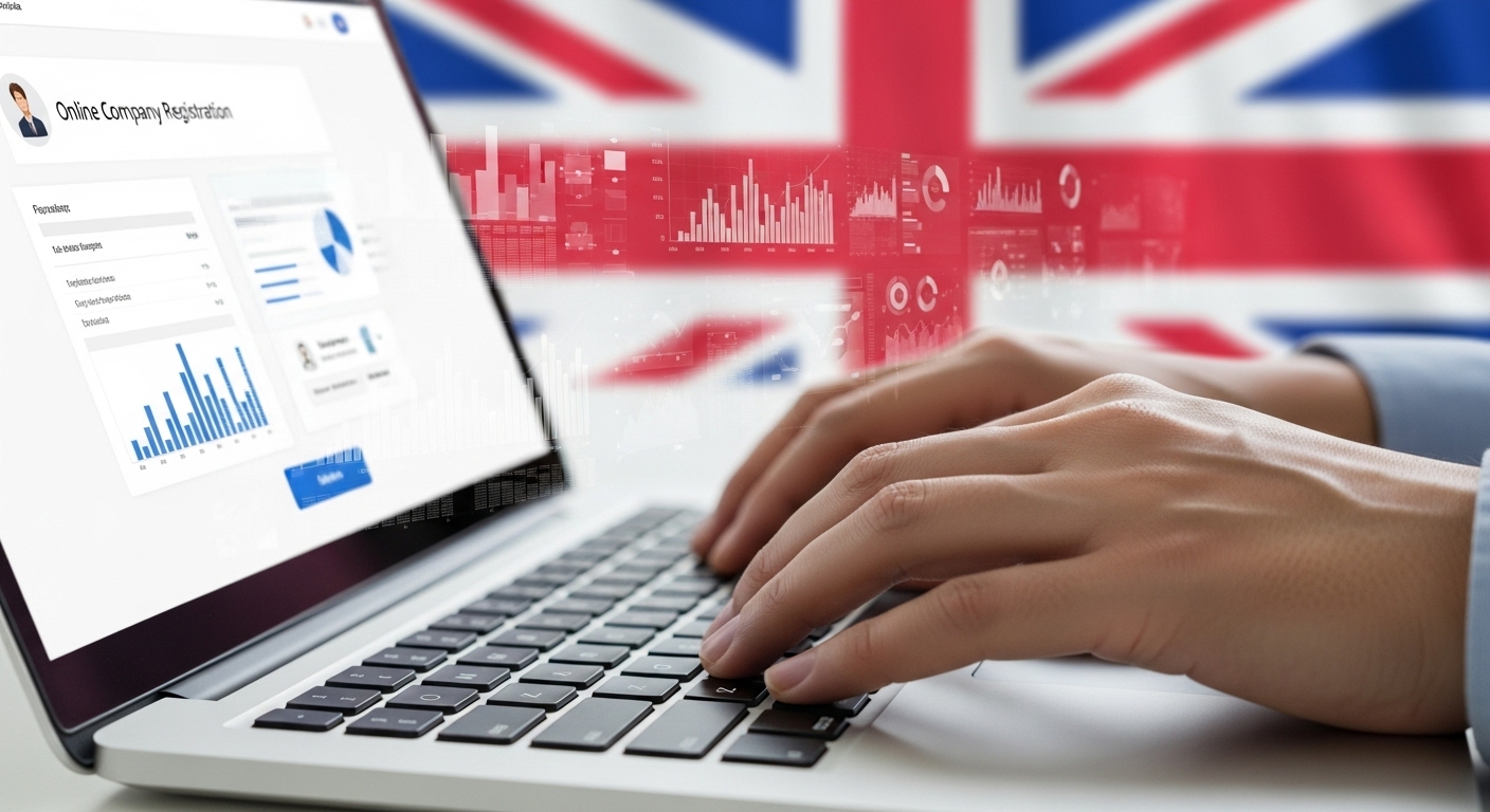 A close-up of hands typing on a laptop, with a blurred background showing UK flag elements and digital charts, representing efficient online company registration for a non-resident, photorealistic