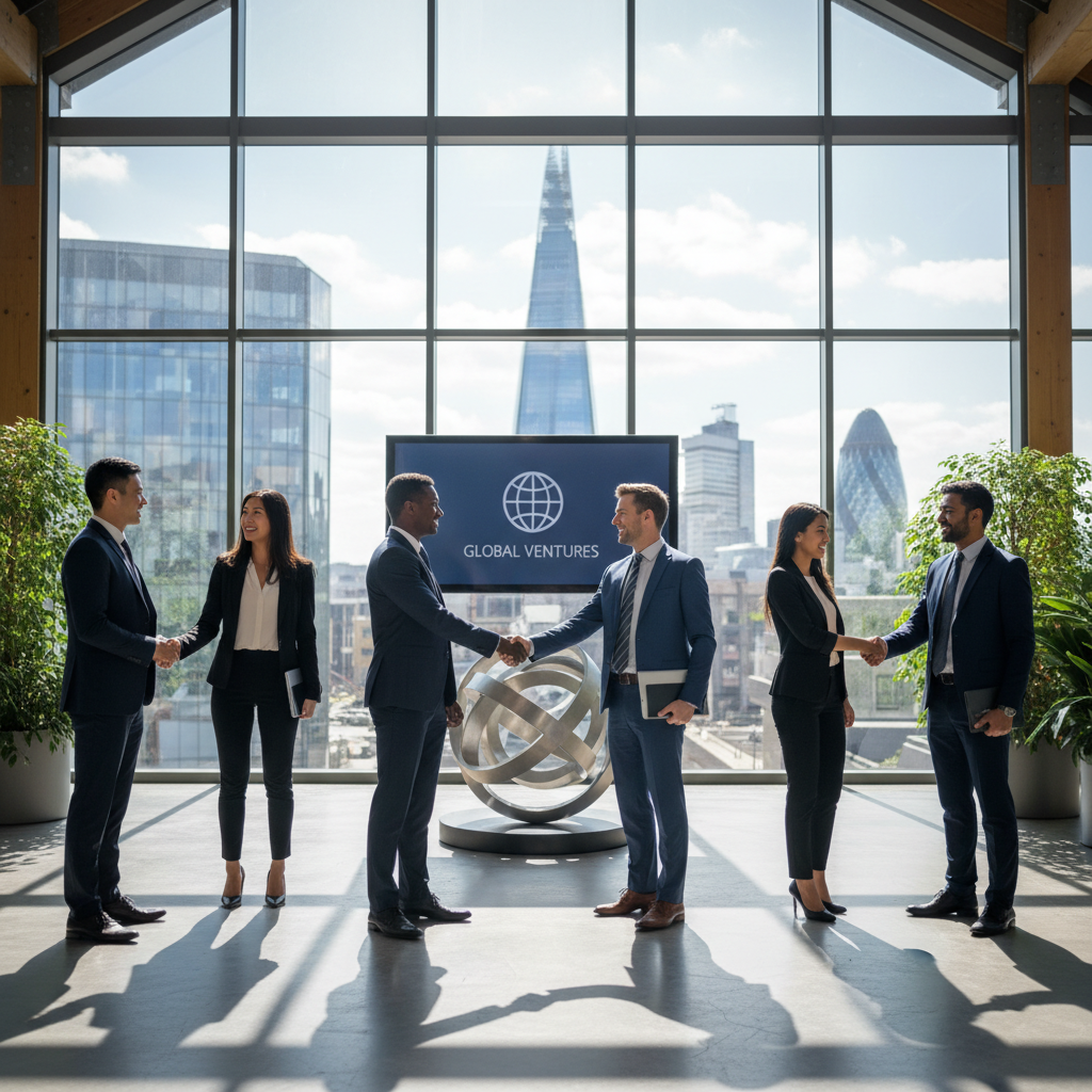 A diverse group of business professionals from different nationalities shaking hands in a modern, sunlit office lobby in London, reflecting global collaboration and successful business ventures, photorealistic