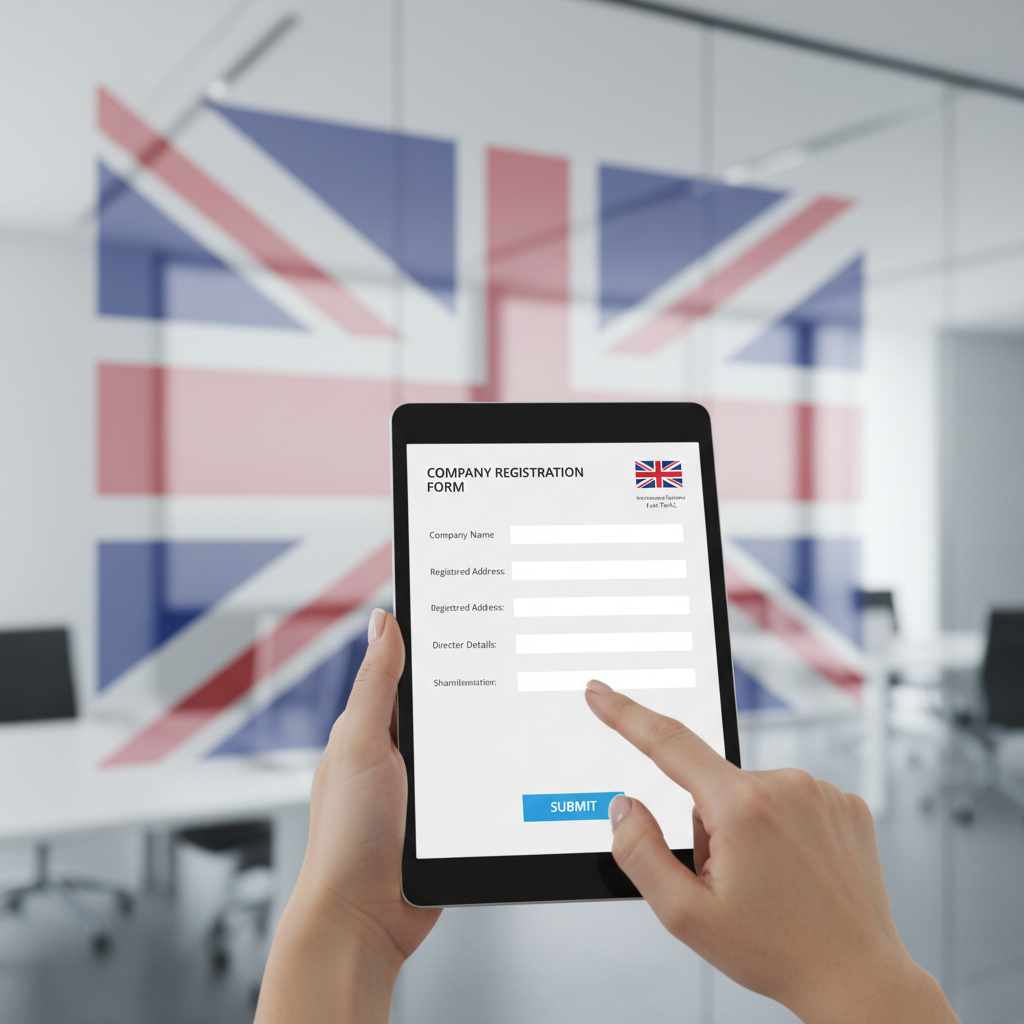 A close-up of a hand holding a tablet displaying a company registration form with a UK flag subtly in the background, symbolizing efficiency and digital process for international business, photorealistic