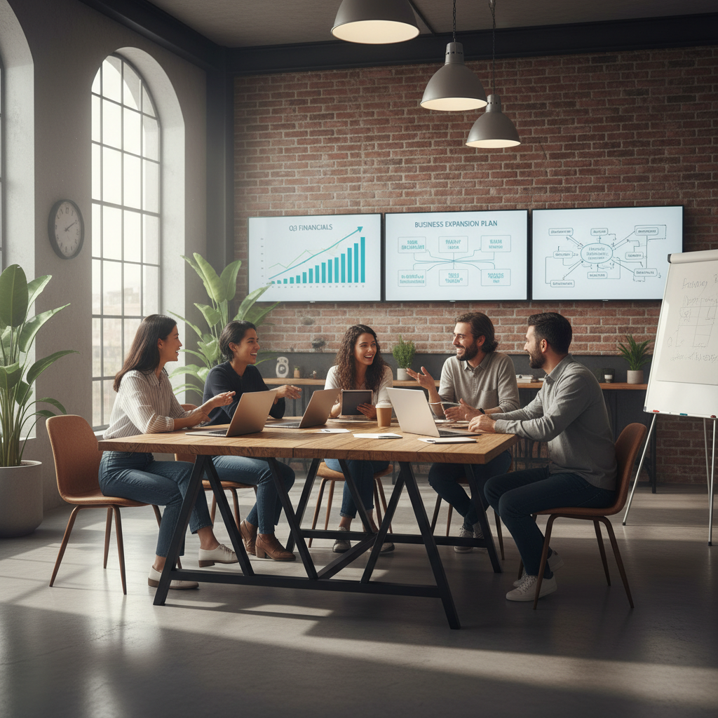 A diverse group of expat entrepreneurs in a modern, collaborative co-working space in London, enthusiastically brainstorming ideas, with digital screens showing financial charts and business plans in the background. Photorealistic, soft natural lighting.