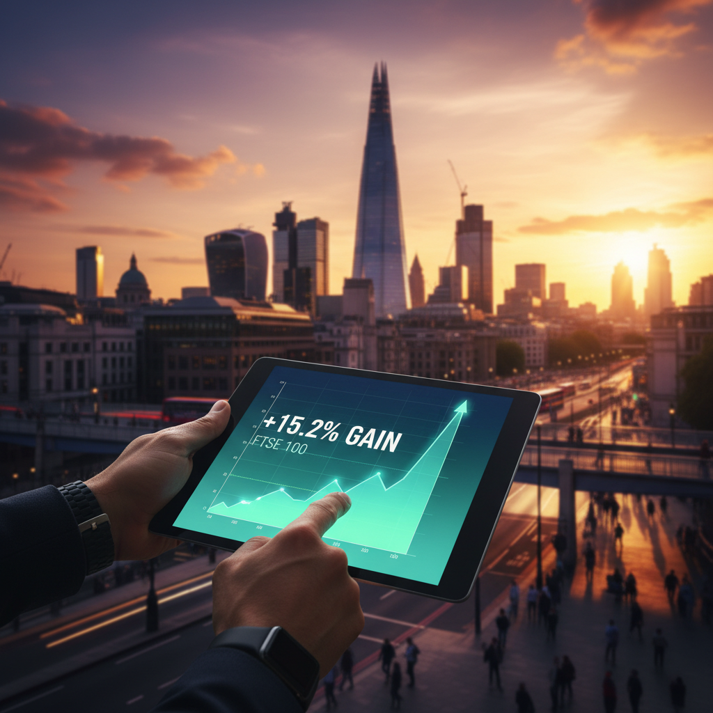 A close-up shot of a hand holding a tablet displaying a financial graph, with a blurred background of a bustling financial district in the UK at sunset. The tablet screen glows with positive growth. Photorealistic, cinematic lighting.