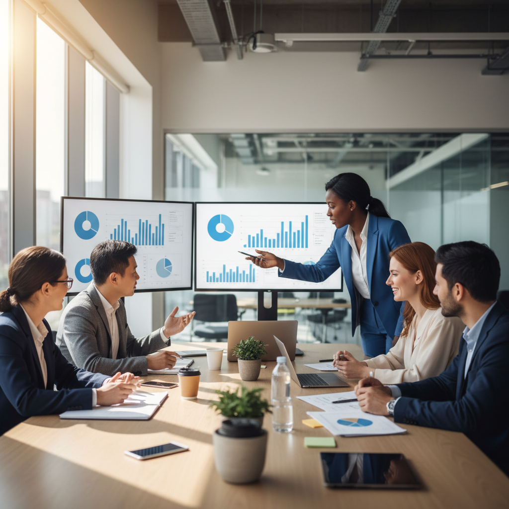 A diverse group of business professionals from various backgrounds collaborating and brainstorming around a table in a modern, sunlit office space, discussing charts and laptops. Photorealistic, high detail.