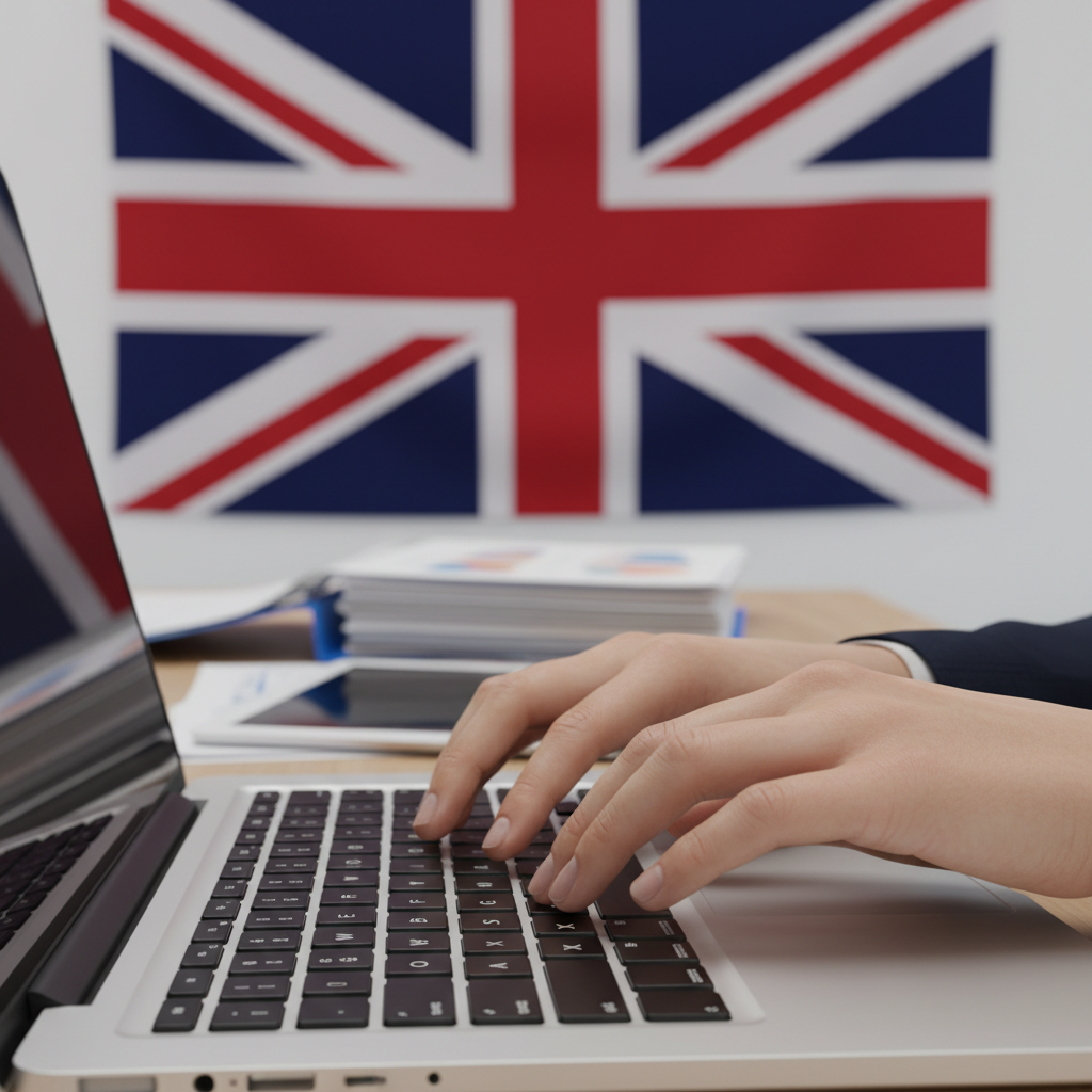 A close-up shot of hands typing on a laptop keyboard, with a blurred background showing a UK flag and business documents. Professional, focused, modern aesthetic. Photorealistic.