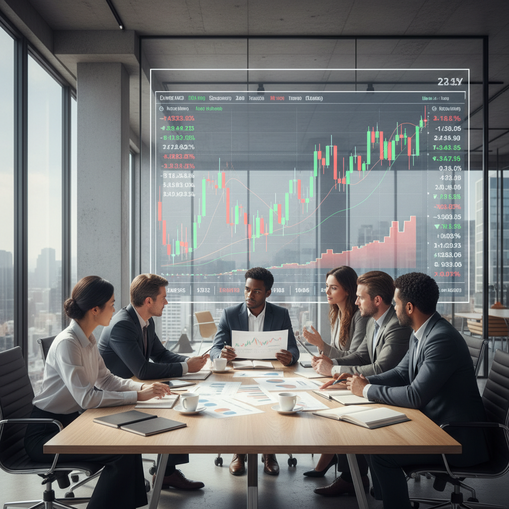 A diverse group of international professionals reviewing financial charts and documents in a modern, well-lit office with a digital interface displaying stock market data. Photorealistic, high-resolution.
