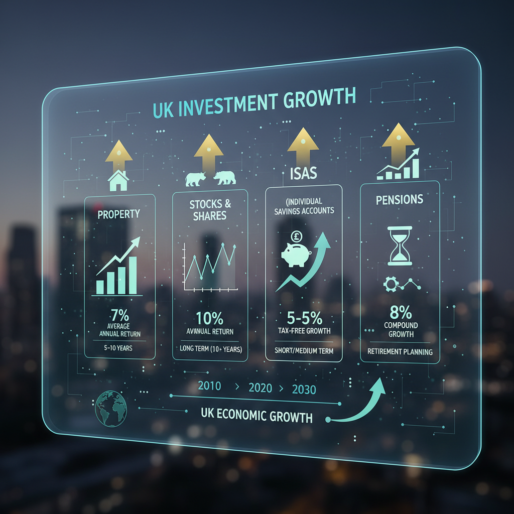 A vibrant, detailed infographic illustrating various UK investment vehicles like property, stocks, ISAs, and pensions, with data points and upward trending arrows. Photorealistic, clean design.