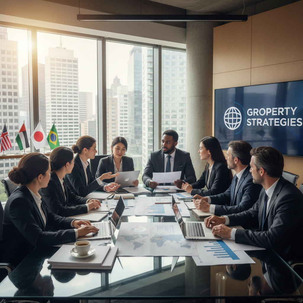 A diverse group of people, some in professional attire, discussing property investment around a table with laptops and documents. The setting is modern and bright, indicating financial planning and international business. Photorealistic style.