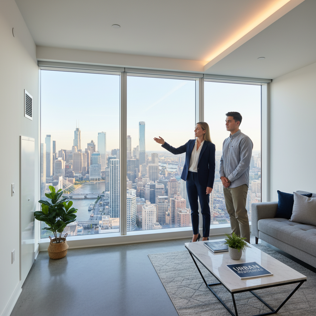 A professional property manager showing a clean, modern apartment to a prospective tenant. The apartment has large windows with a cityscape view, suggesting an urban investment. Photorealistic, slightly wide-angle shot.