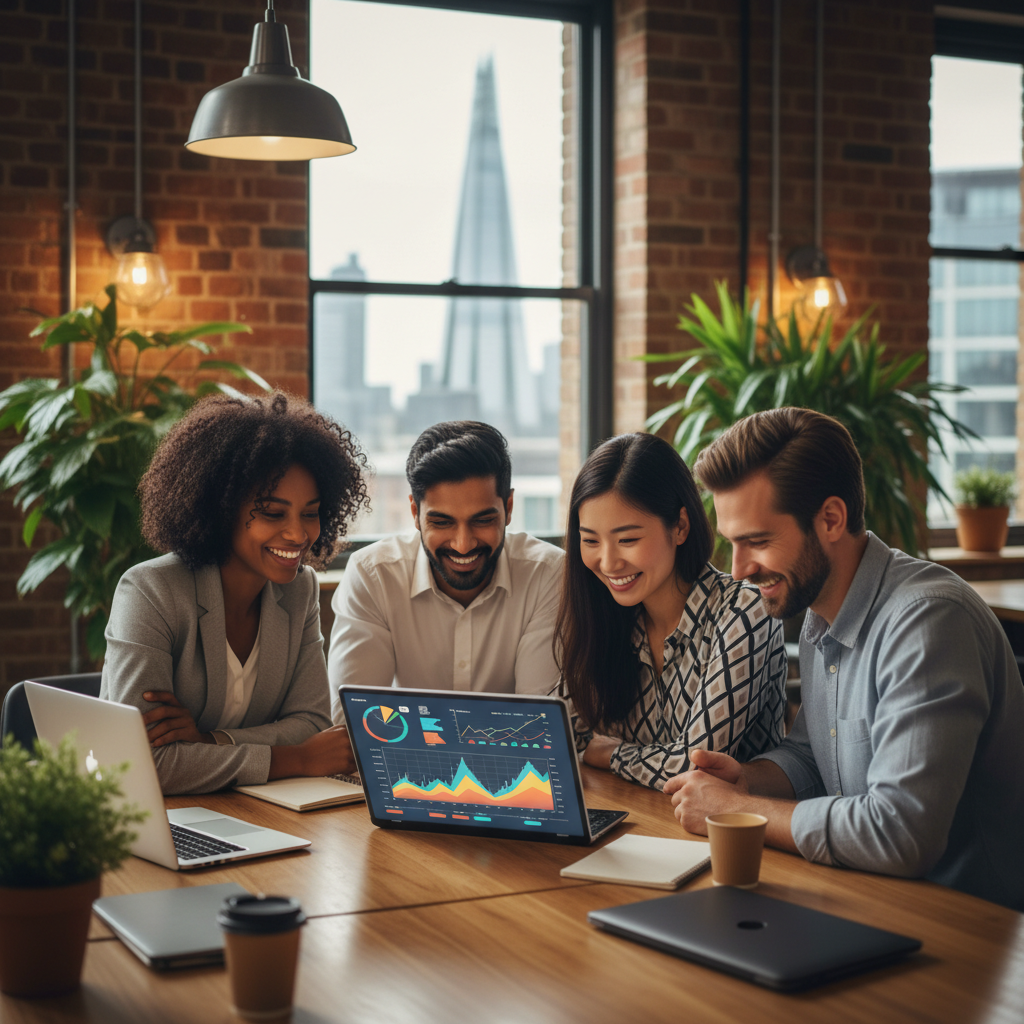 A diverse group of expat entrepreneurs from various backgrounds happily collaborating in a modern co-working space in London, looking at a digital tablet with financial charts. Photorealistic, vibrant colors.