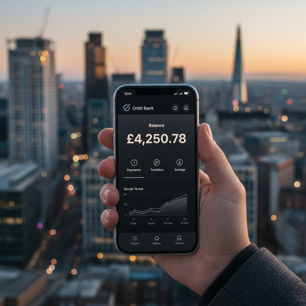 A close-up, high-angle shot of a hand holding a smartphone displaying a banking app interface, with a blurred background of a modern UK city skyline at dusk. Photorealistic, sophisticated.
