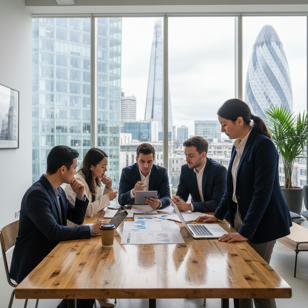 A diverse group of expat entrepreneurs in a modern co-working space in London, looking at legal documents and discussing business plans, with a subtle background of iconic London landmarks like the Shard and the Gherkin. Photorealistic, vibrant, professional.