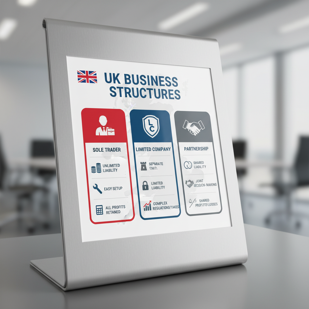 A detailed, clear infographic depicting various UK business structures (sole trader, limited company, partnership) with icons representing their key features (e.g., individual for sole trader, shield for limited liability). The infographic should have a clean, professional design with a subtle British theme. Photorealistic, informational, high-contrast.